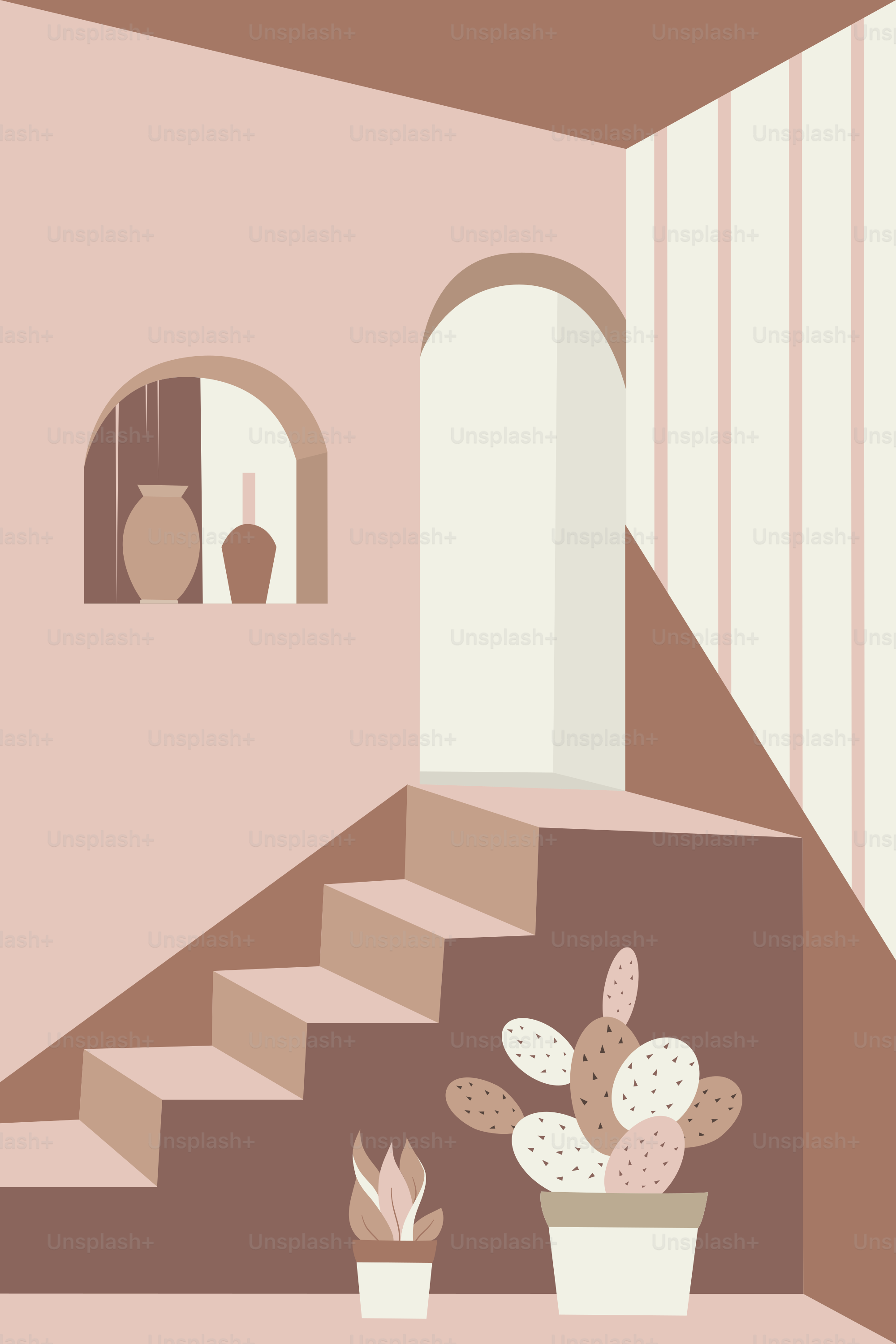 階段と鉢植えのサボテンがある部屋