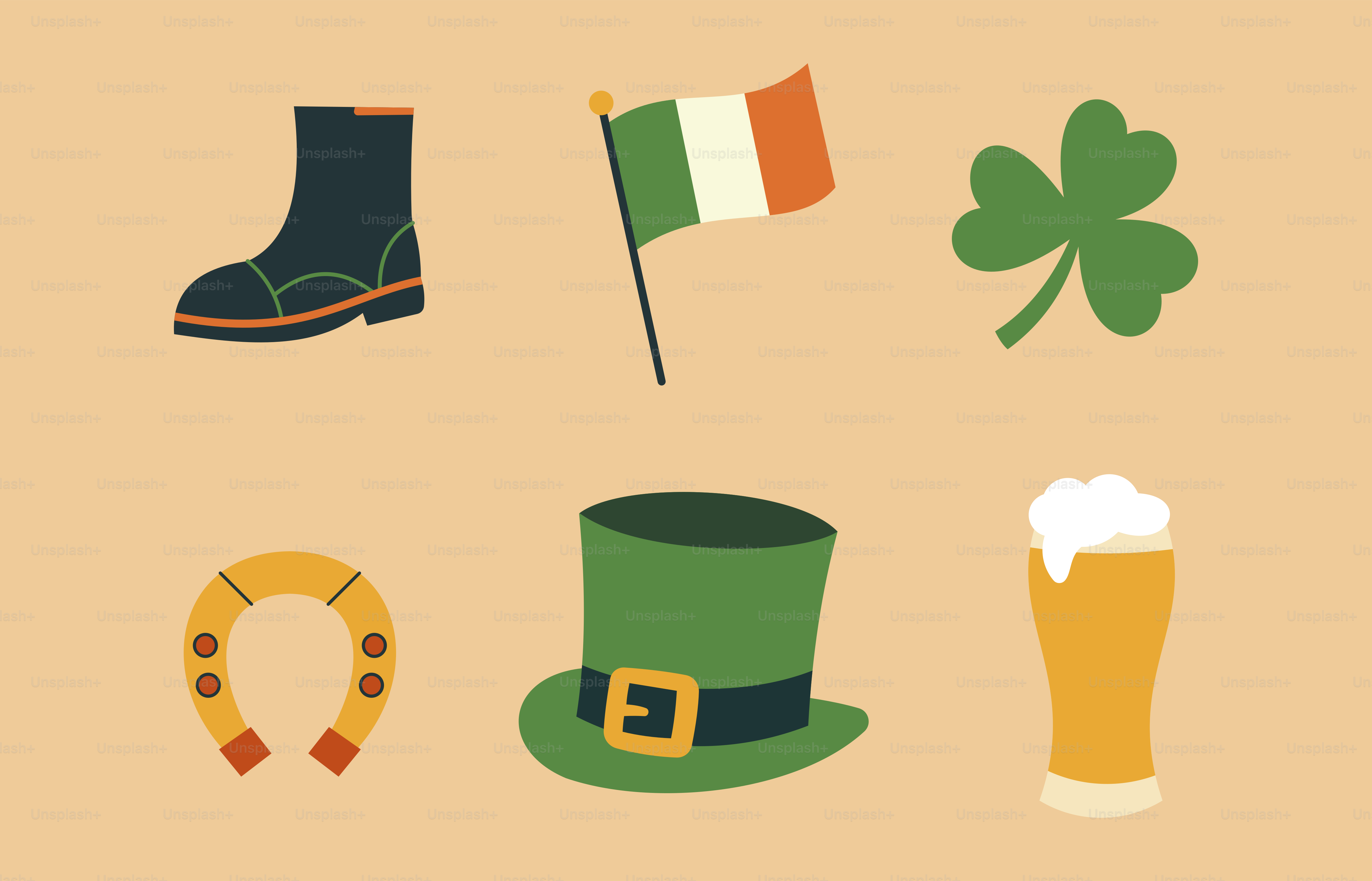A st patrick's day poster with a hat, boots, a flag,