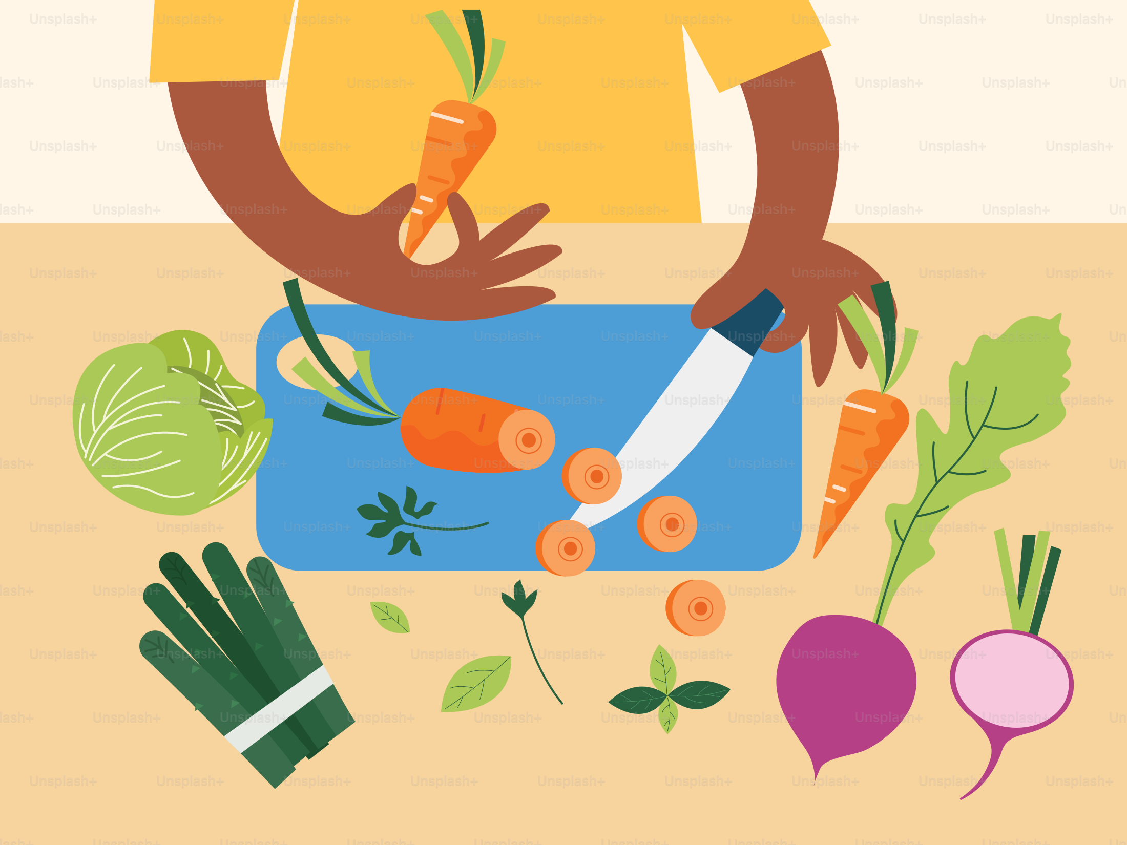 Ein Mann schneidet Karotten auf einem Schneidebrett