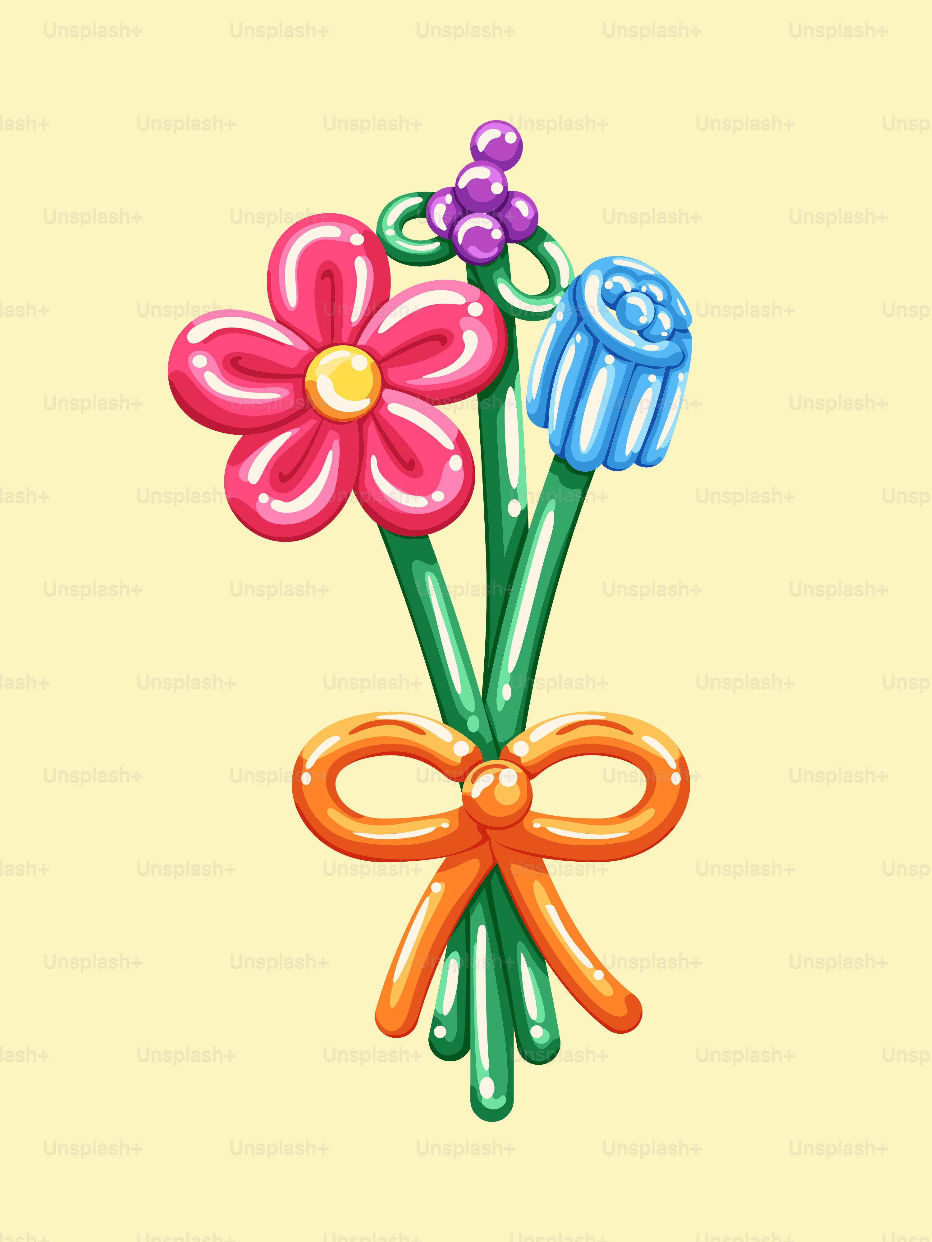 A bouquet of flowers with a bow on a yellow background