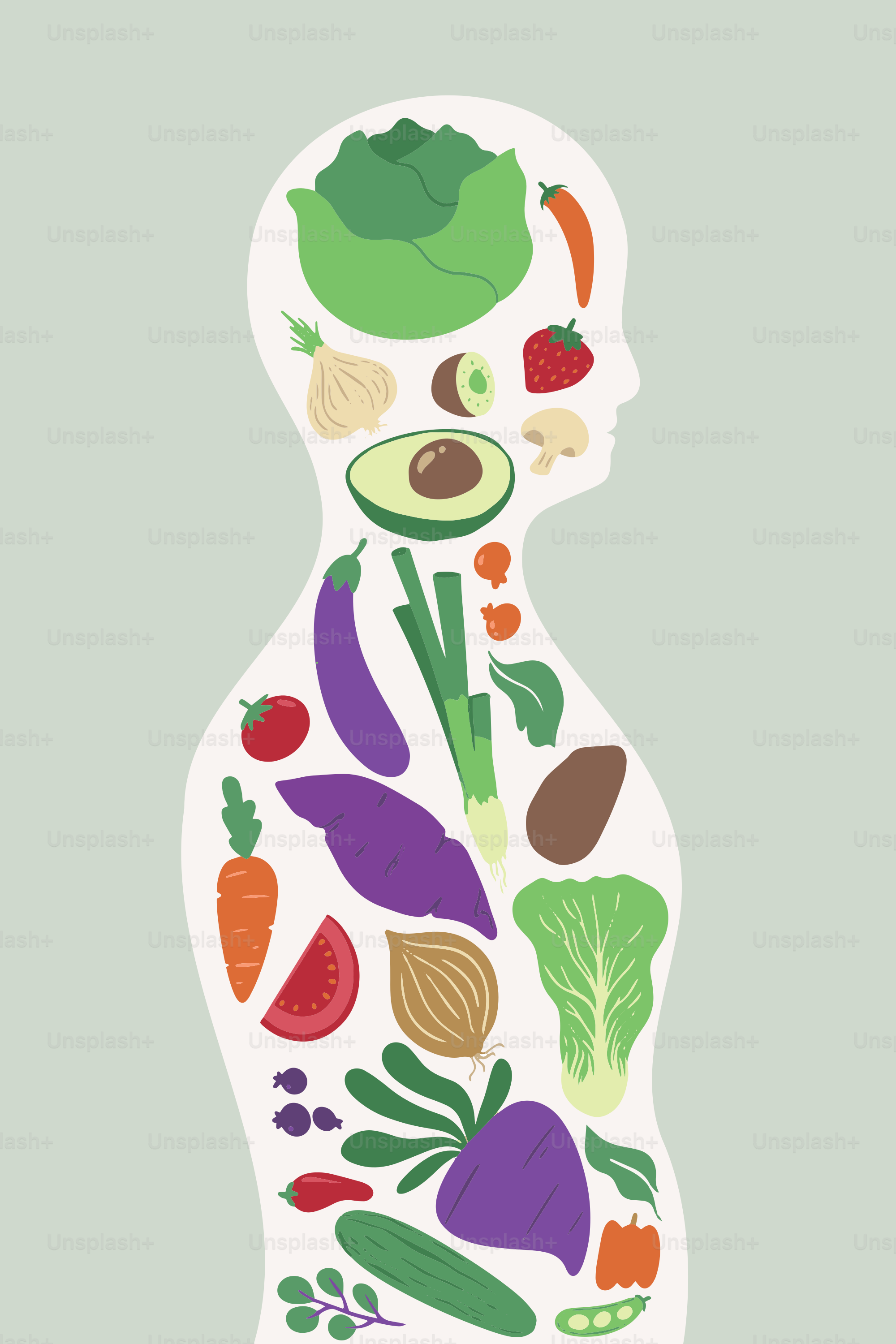 A woman's body made up of vegetables and fruits