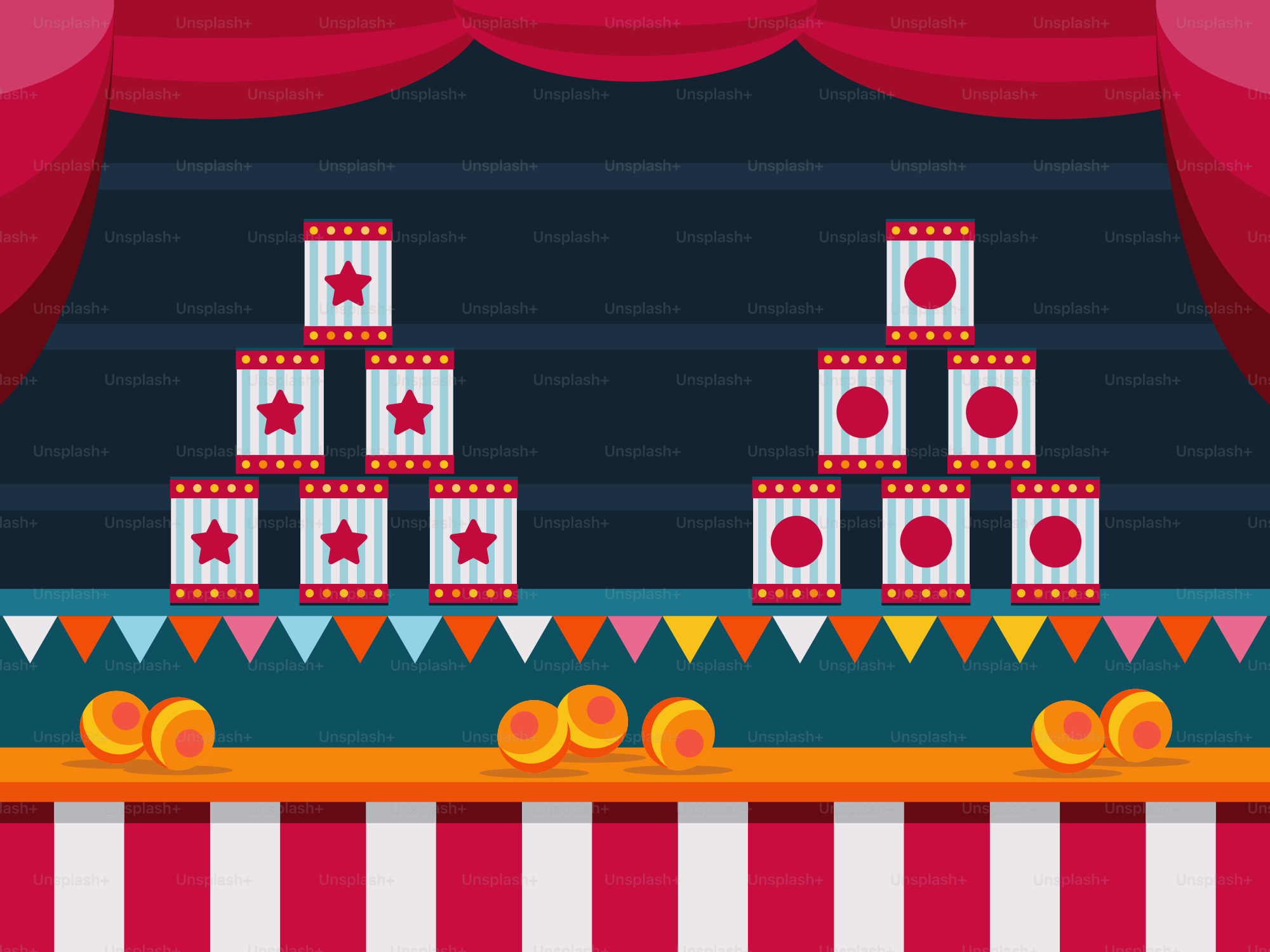 A circus stage with a red and white striped curtain
