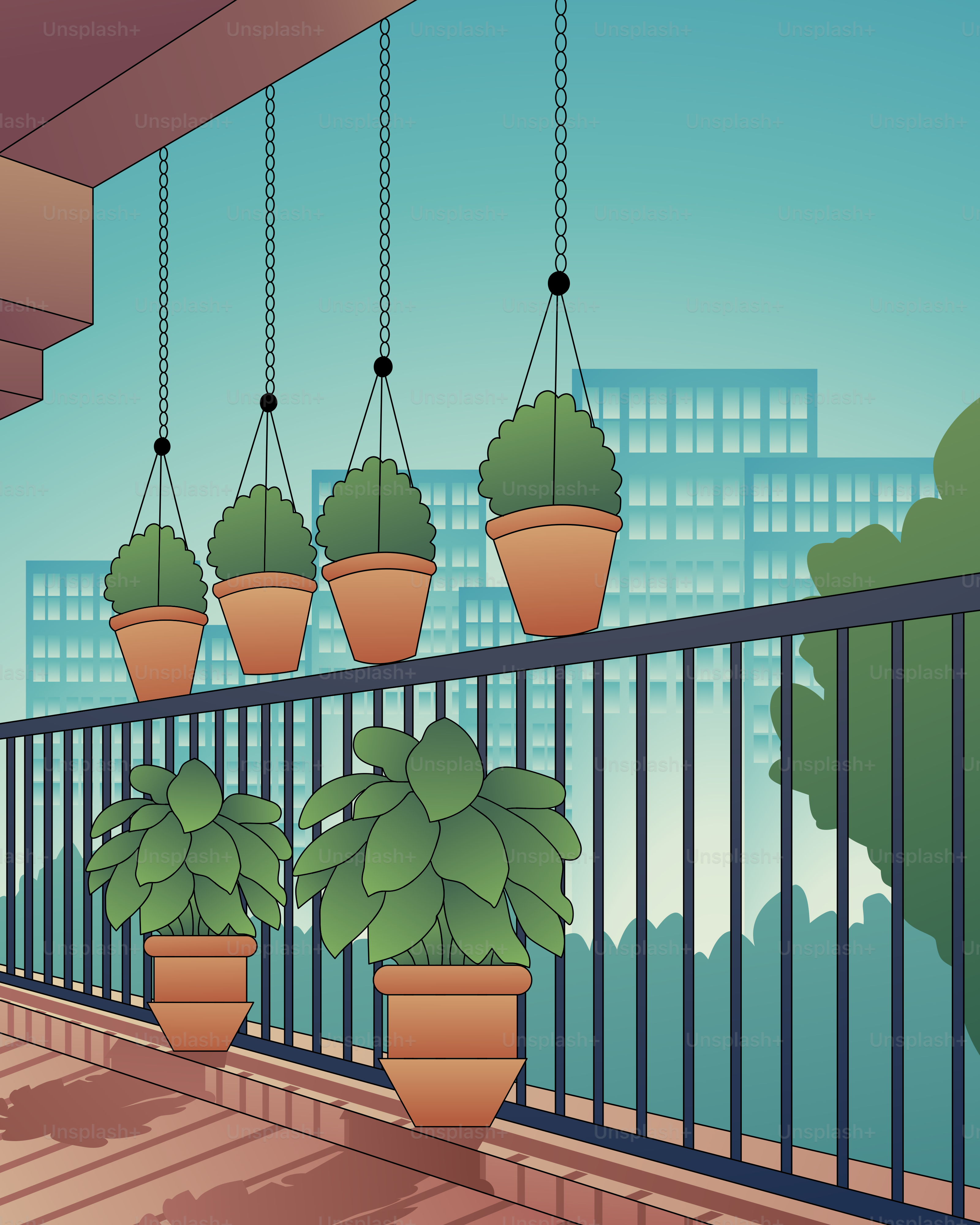 Un balcon avec des plantes en pot sur la balustrade