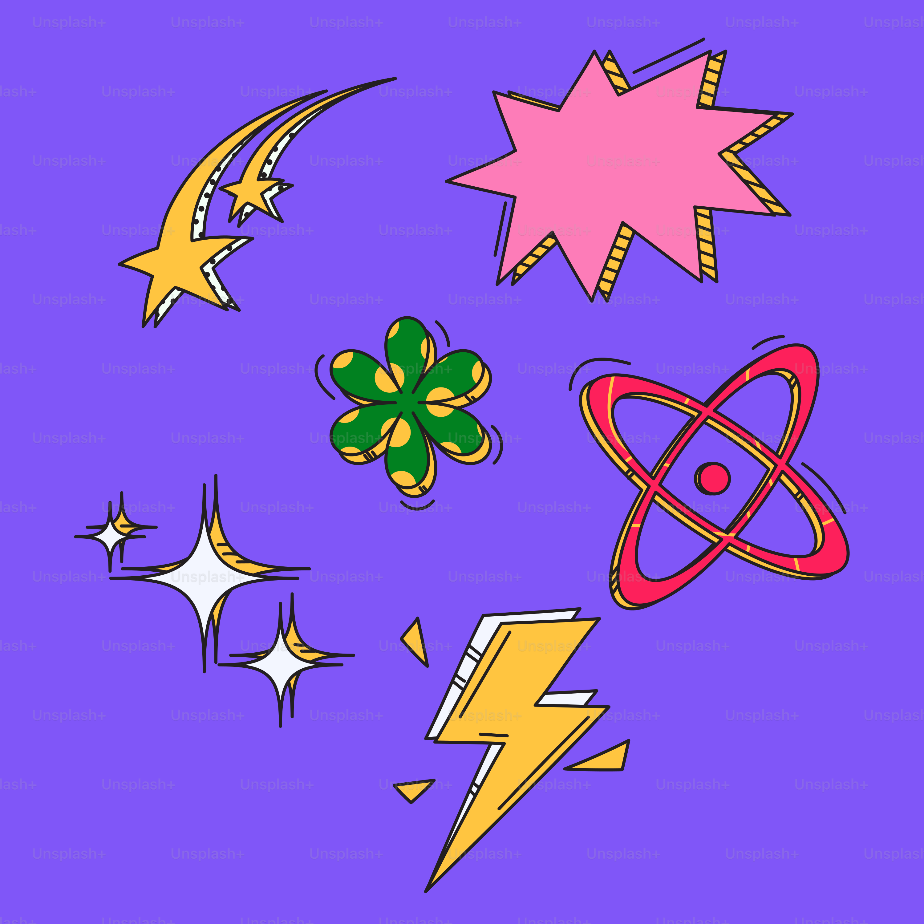 Ein violetter Hintergrund mit Sternen, Blitzen und Sternen
