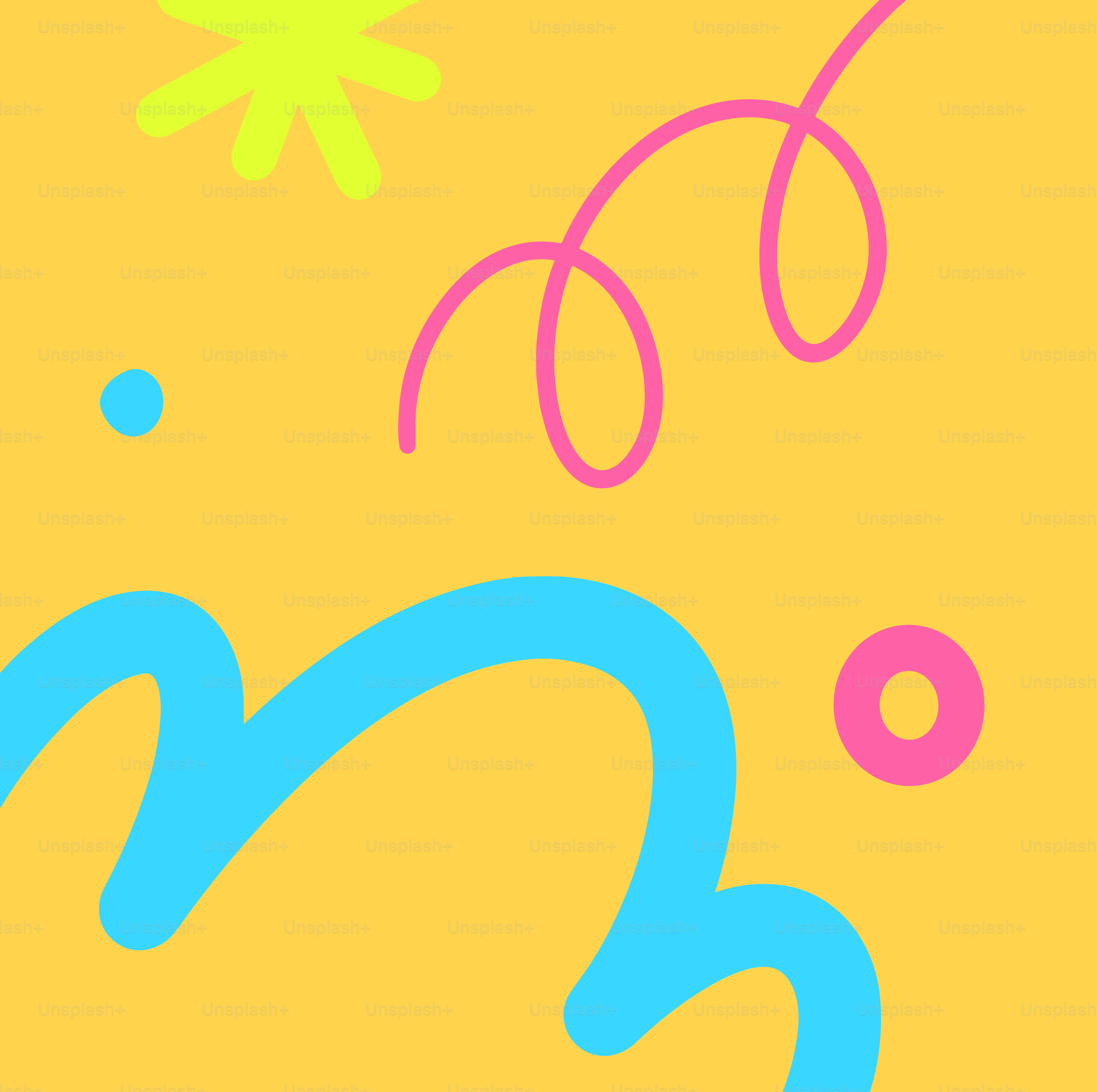 A picture of a yellow background with blue and pink shapes