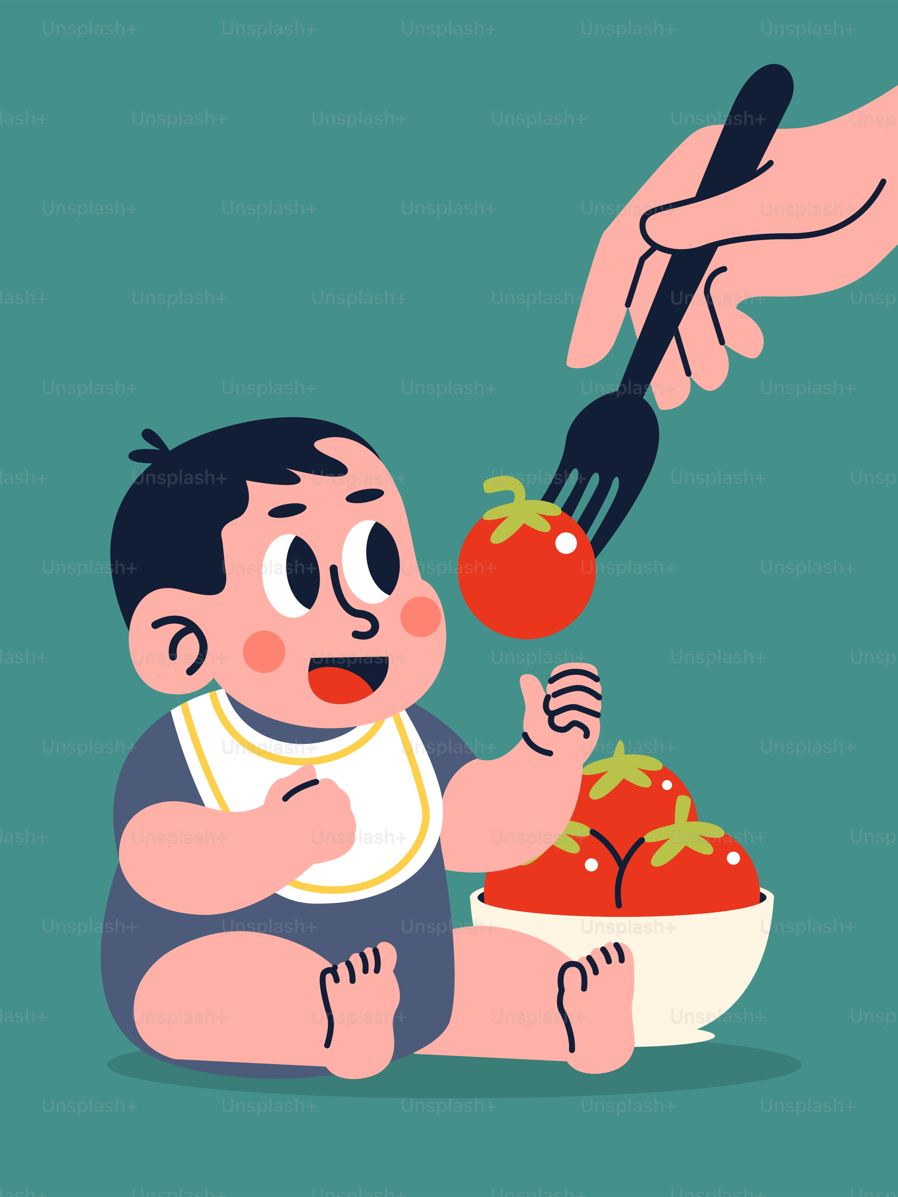 Ein Baby, das auf dem Boden sitzt und eine Tomate isst