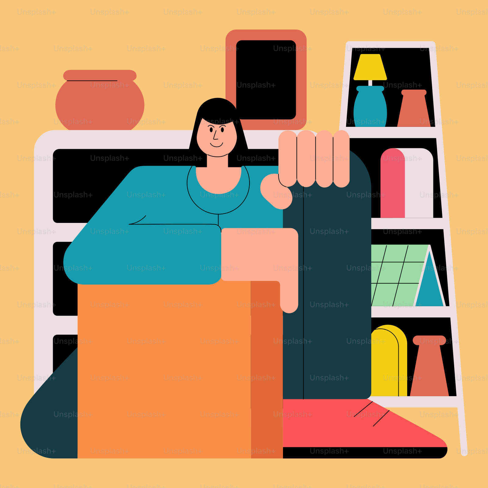 A person sitting in a chair in front of a bookshelf