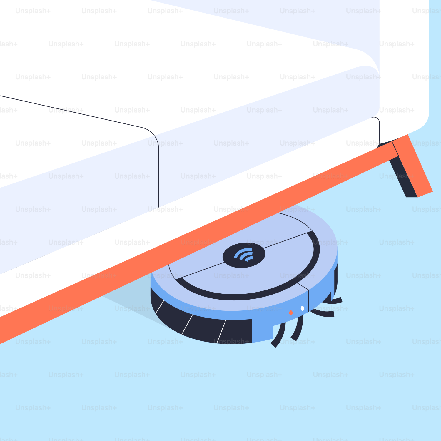Ein Roboter, der ein Bett auf blauem Hintergrund staubsaugt