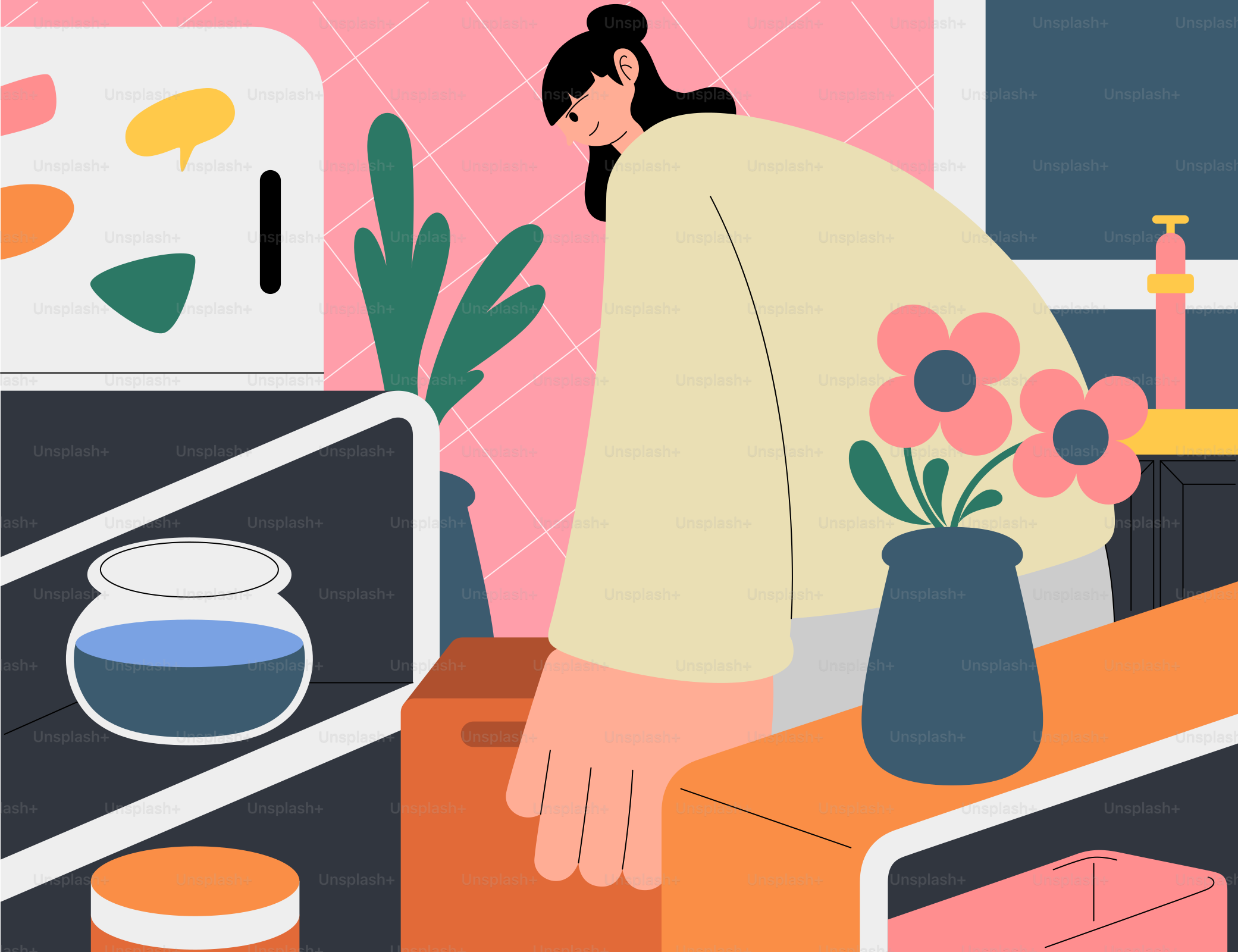 Eine Frau in einer Küche mit einer Vase voller Blumen