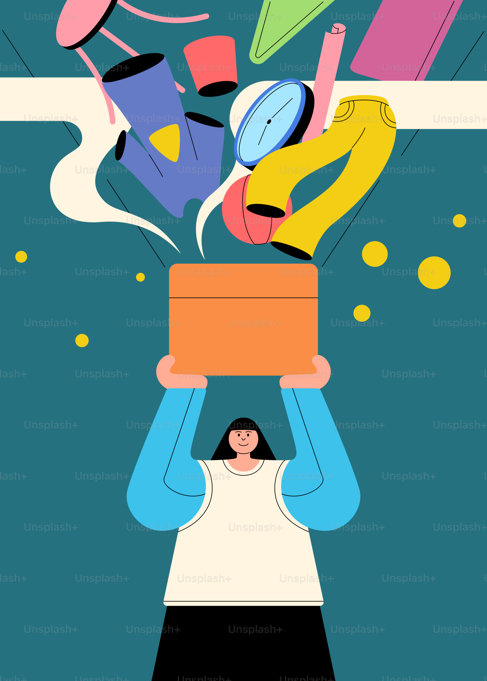 A woman holding a box with a lot of items coming out of it