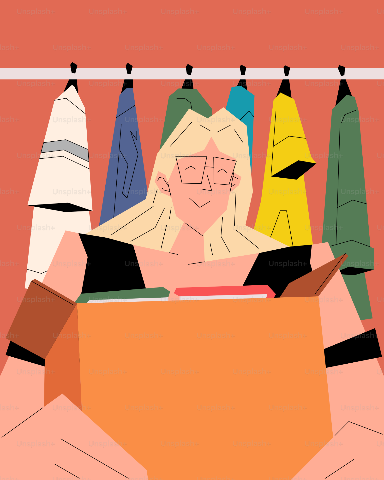 A woman sitting in a chair in front of a rack of clothes