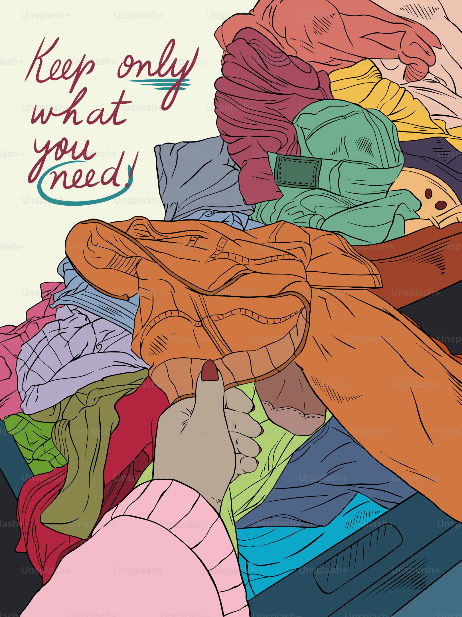 A pile of clothes with a woman's hand on top of it