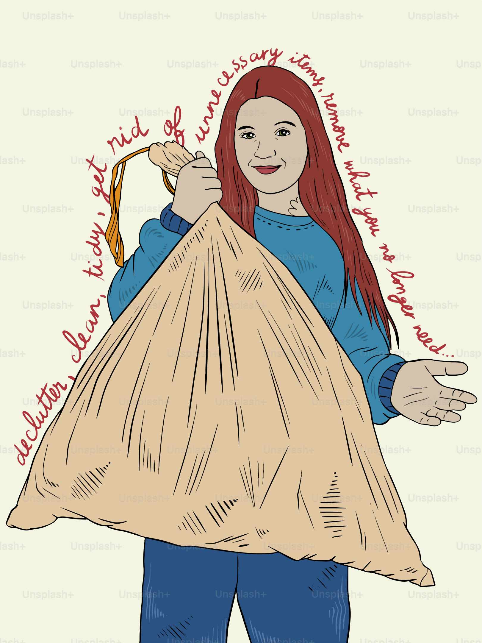A drawing of a woman holding a bag of trash
