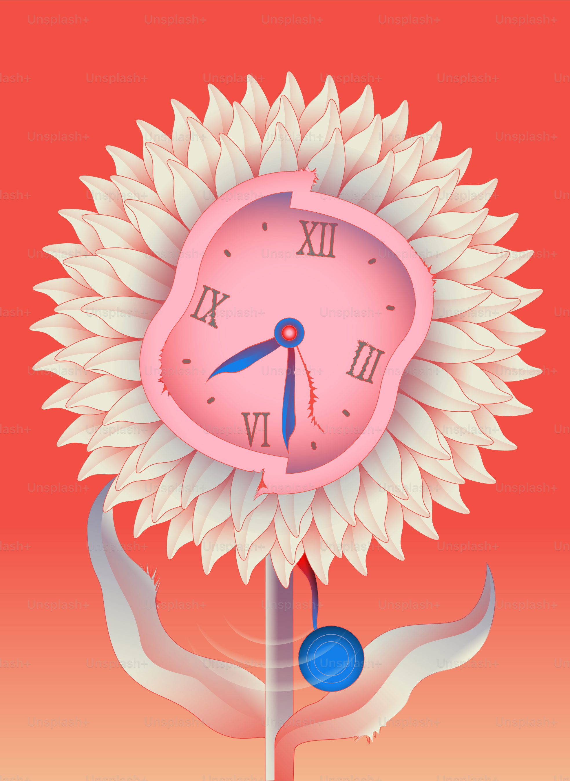 Eine rosa Uhr mit einer weißen Blume darauf