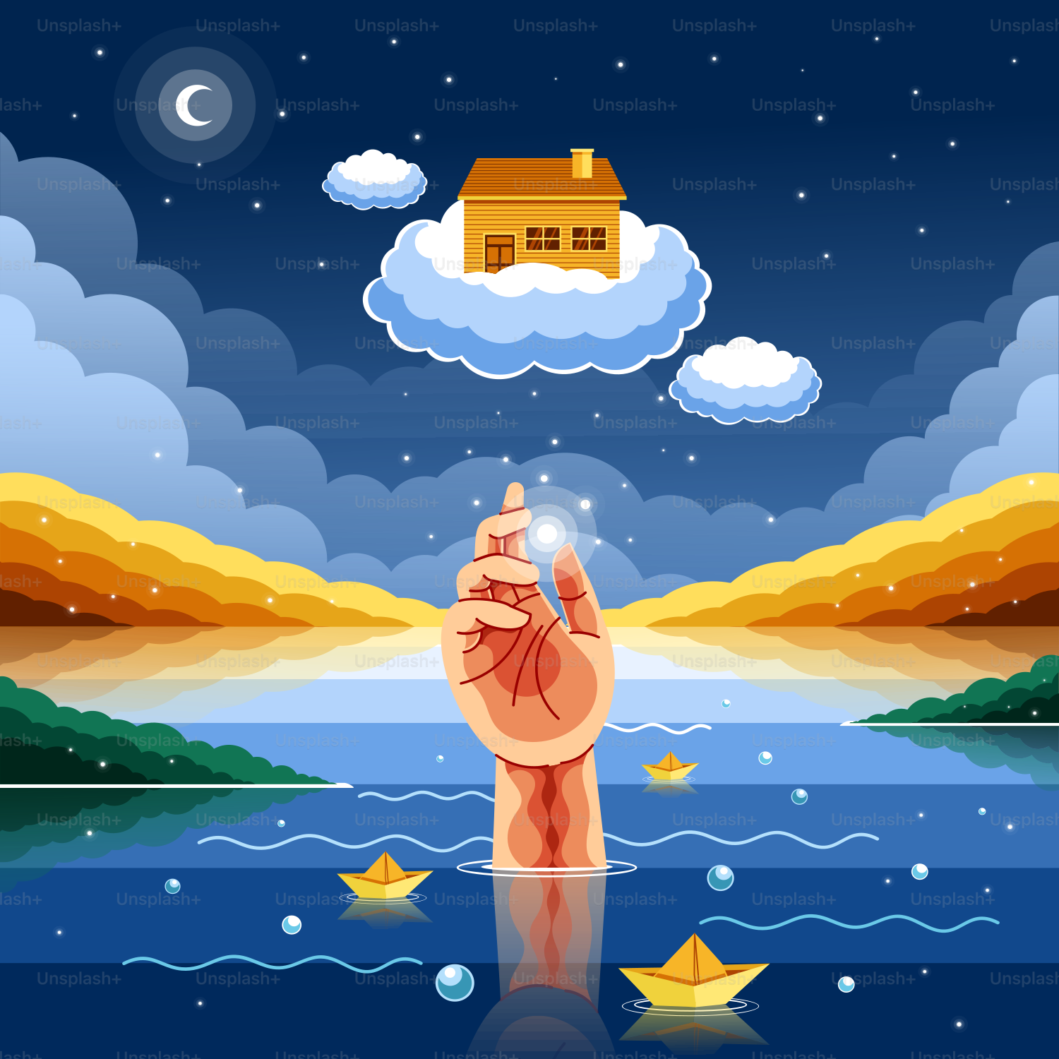 수역 위로 별을 들고 있는 손