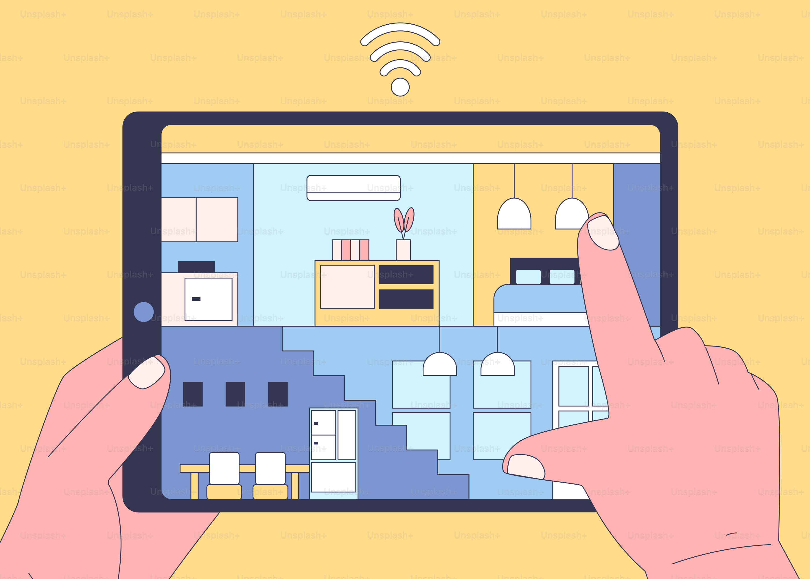 Eine Person, die ein Tablet mit einem Haus auf dem Bildschirm hält