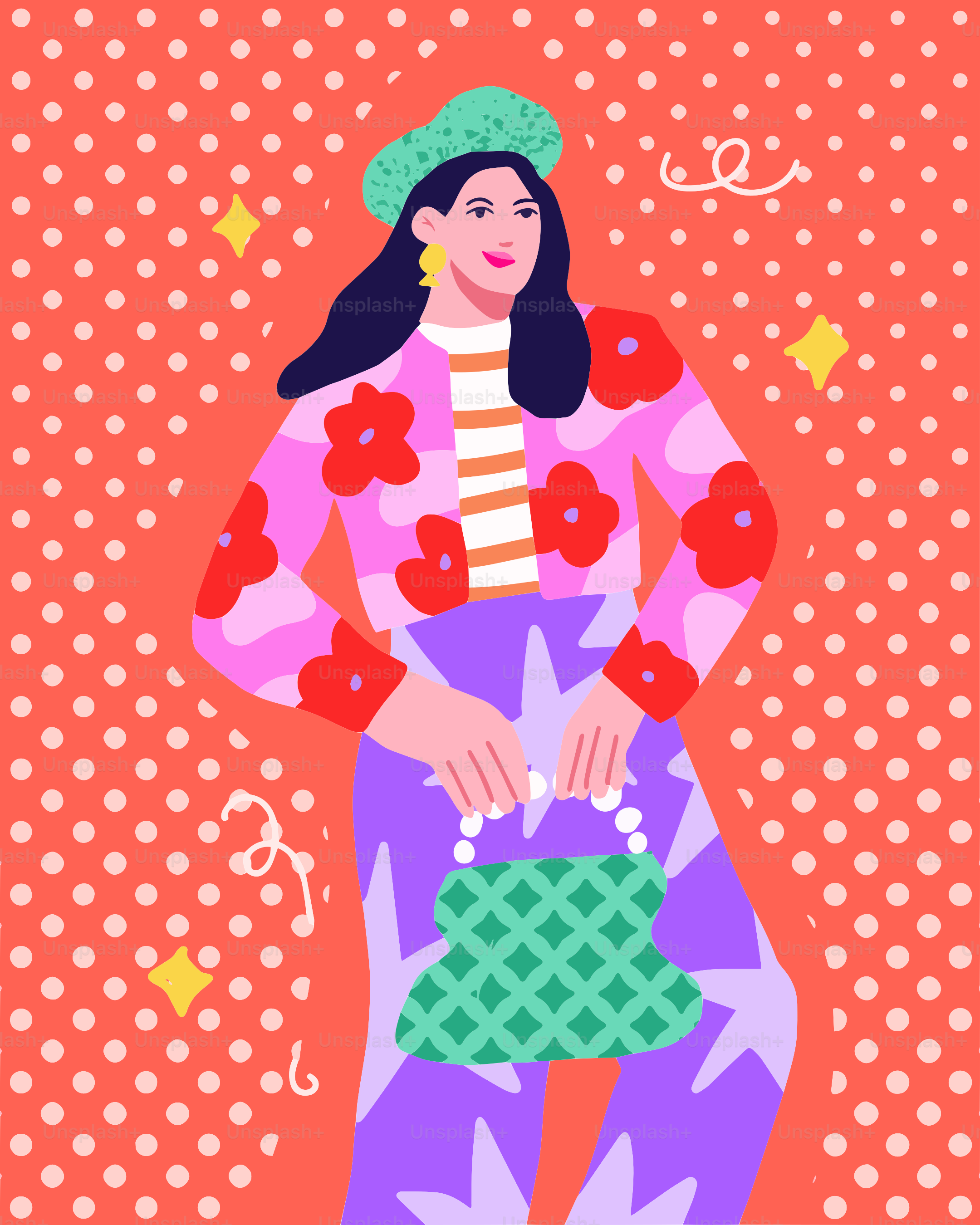 Uma pintura de uma mulher segurando uma bolsa