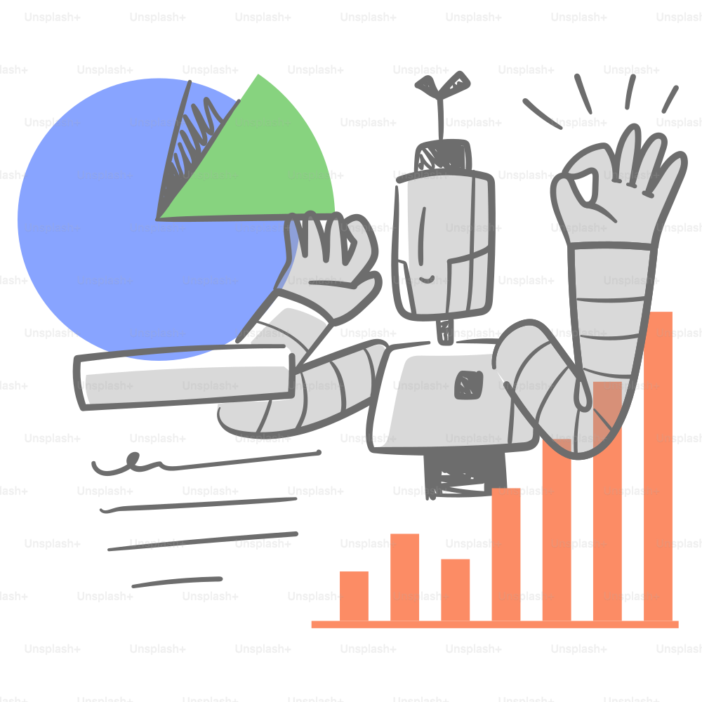 A graphic of a robot with a pie chart in the background