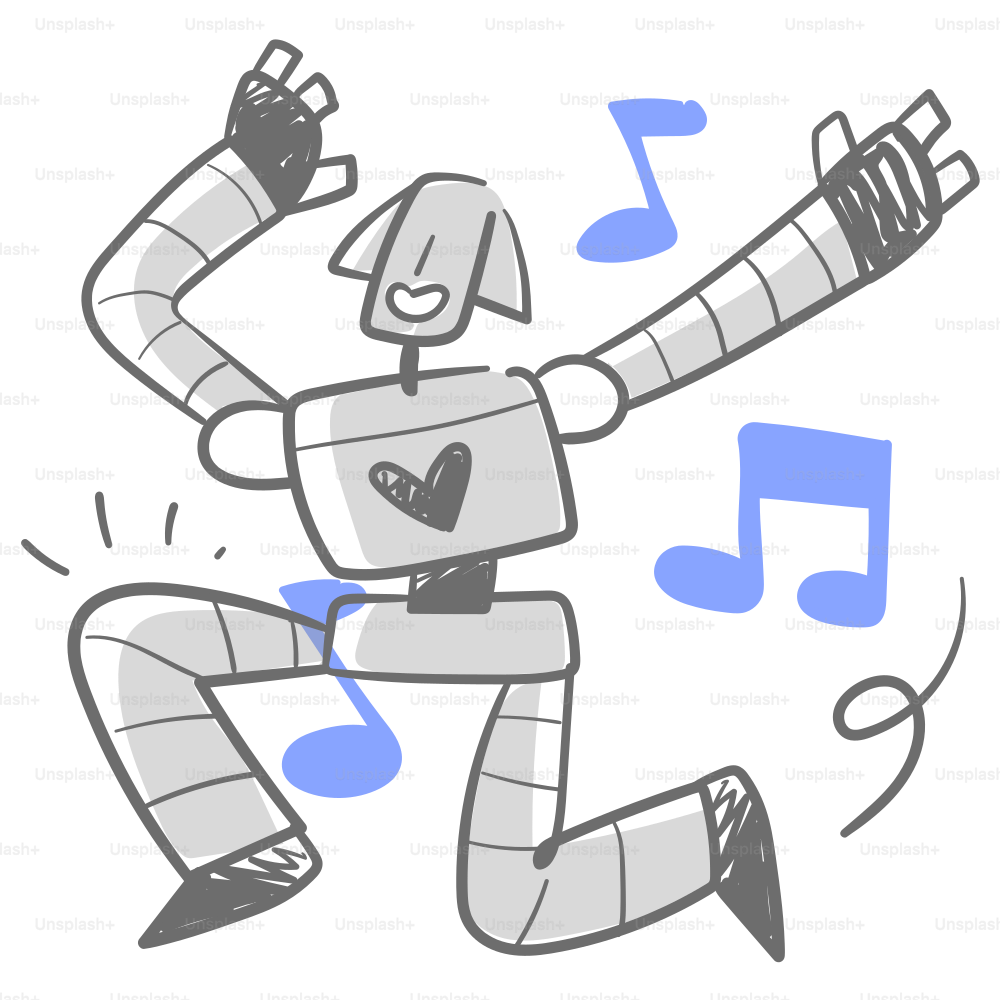 Zeichnung eines tanzenden Roboters mit Musiknoten