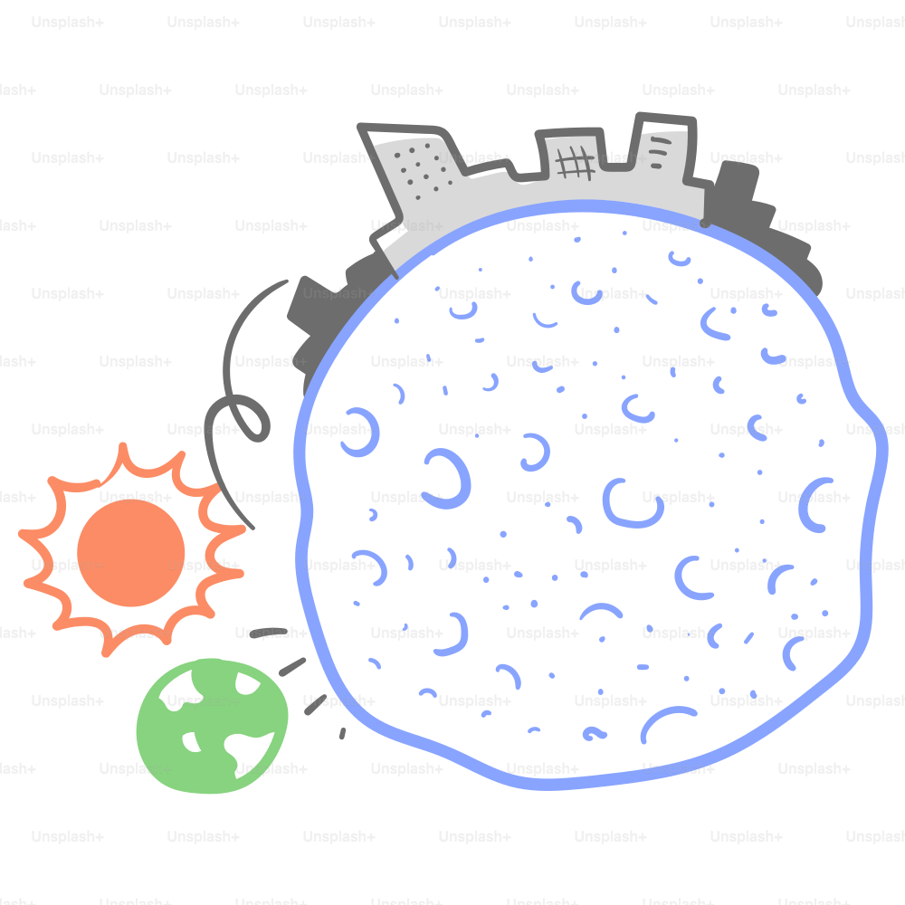 A drawing of a golf ball with a city in the background