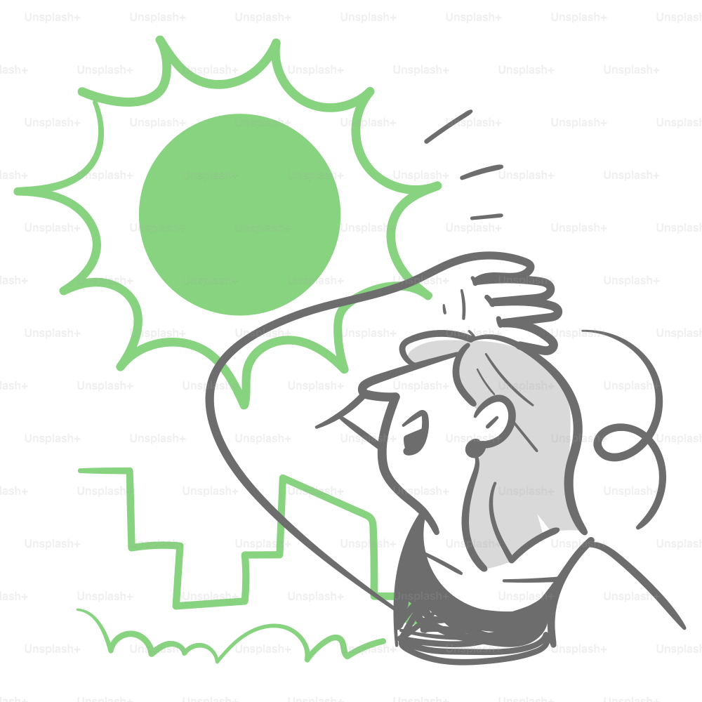 A drawing of a man holding his head in front of a sun