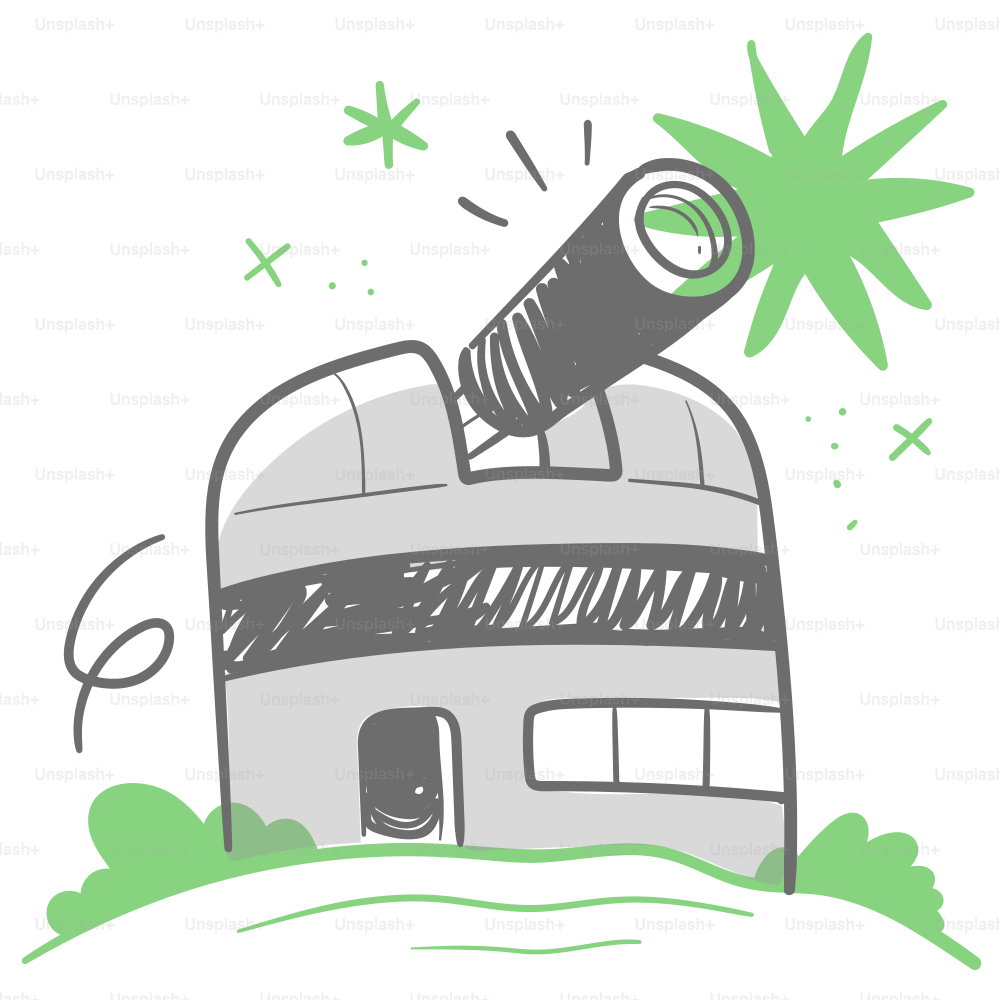 A drawing of a building with a telescope on top of it