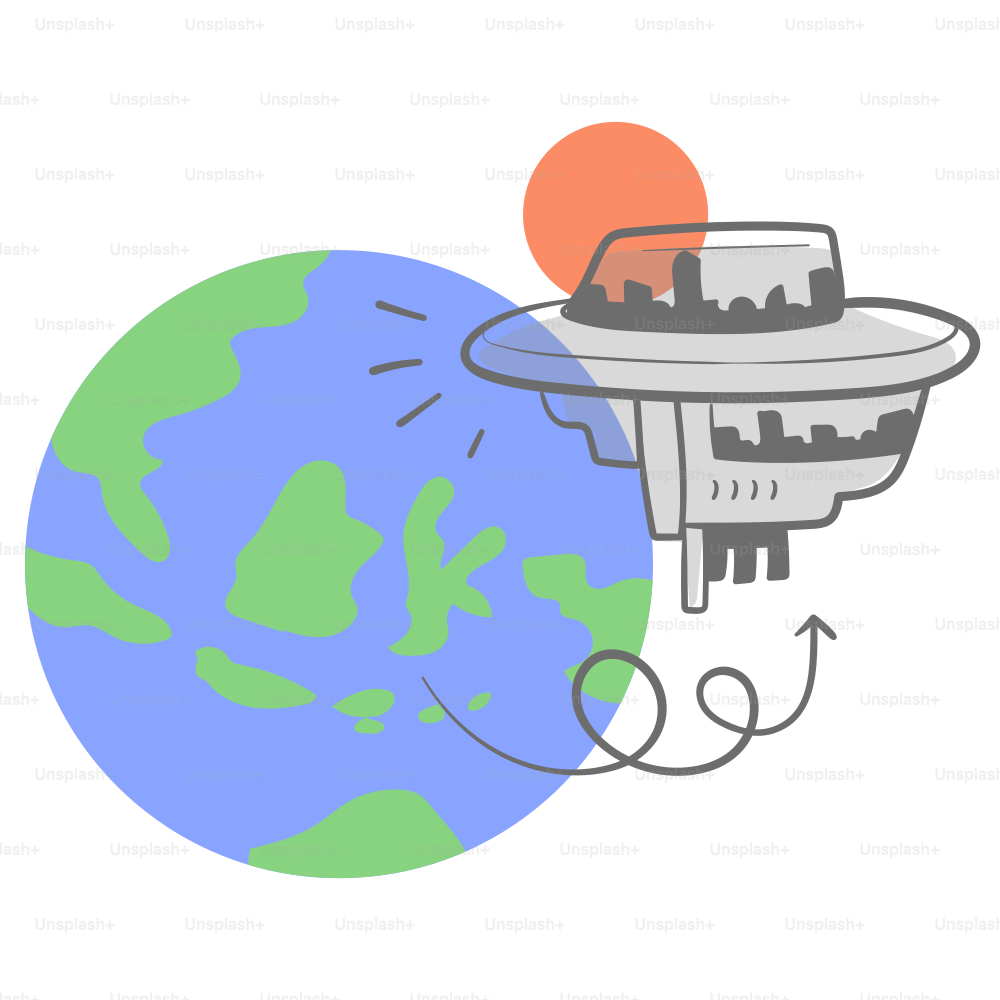 A drawing of a spaceship flying over the earth