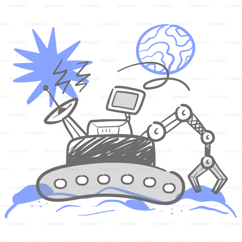 A drawing of a boat with a robot on it