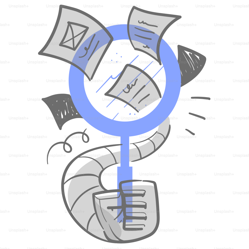 A drawing of a magnifying glass with papers flying out of it