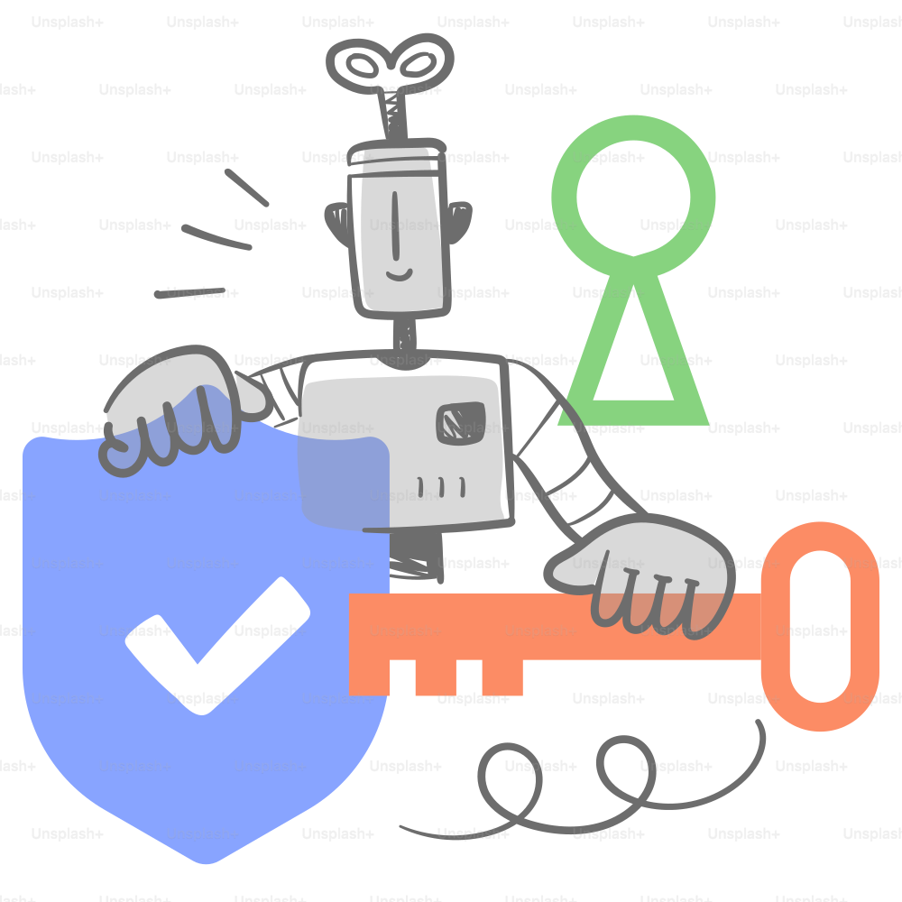 A robot holding a key to a shield