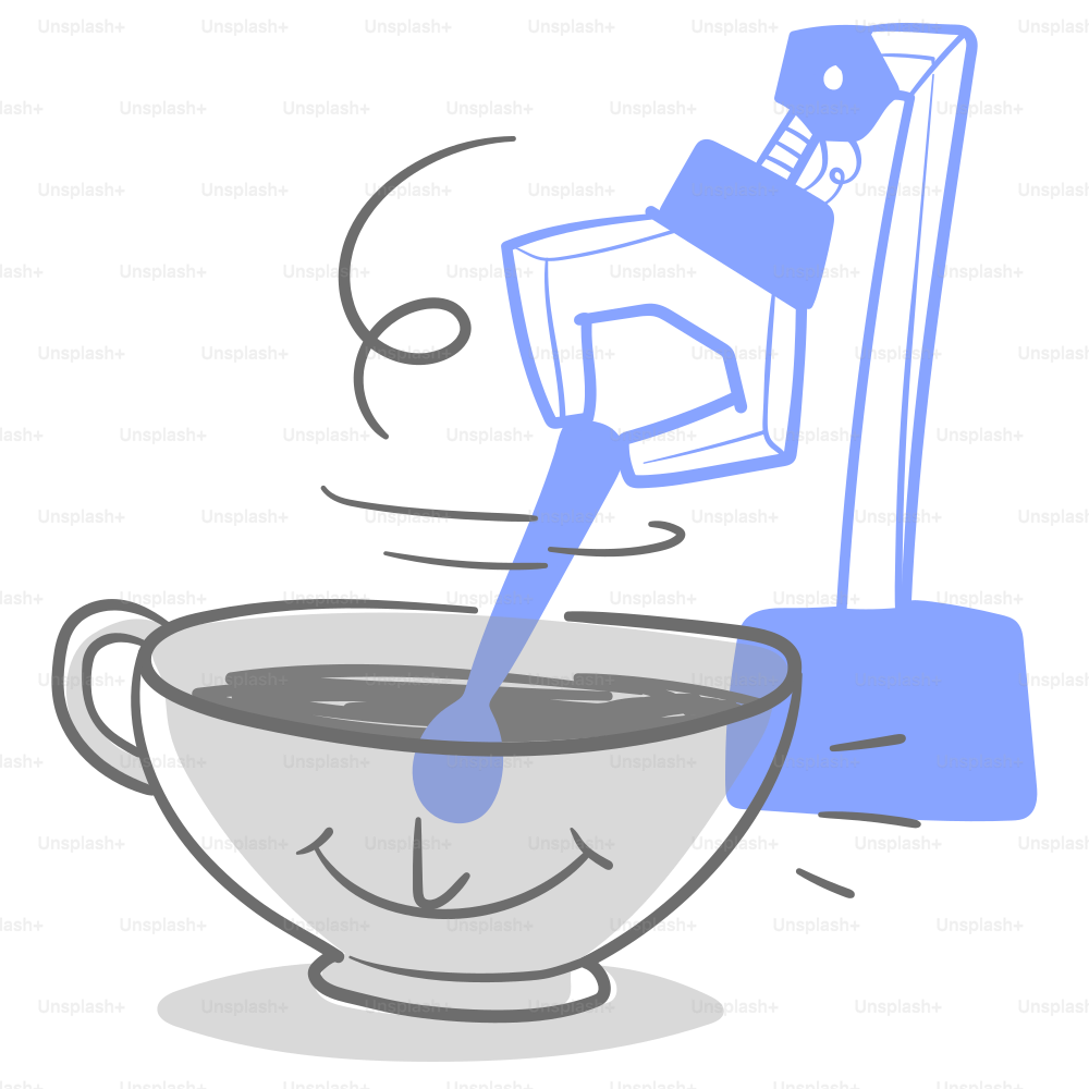 A drawing of a cup of coffee with a spoon sticking out of it