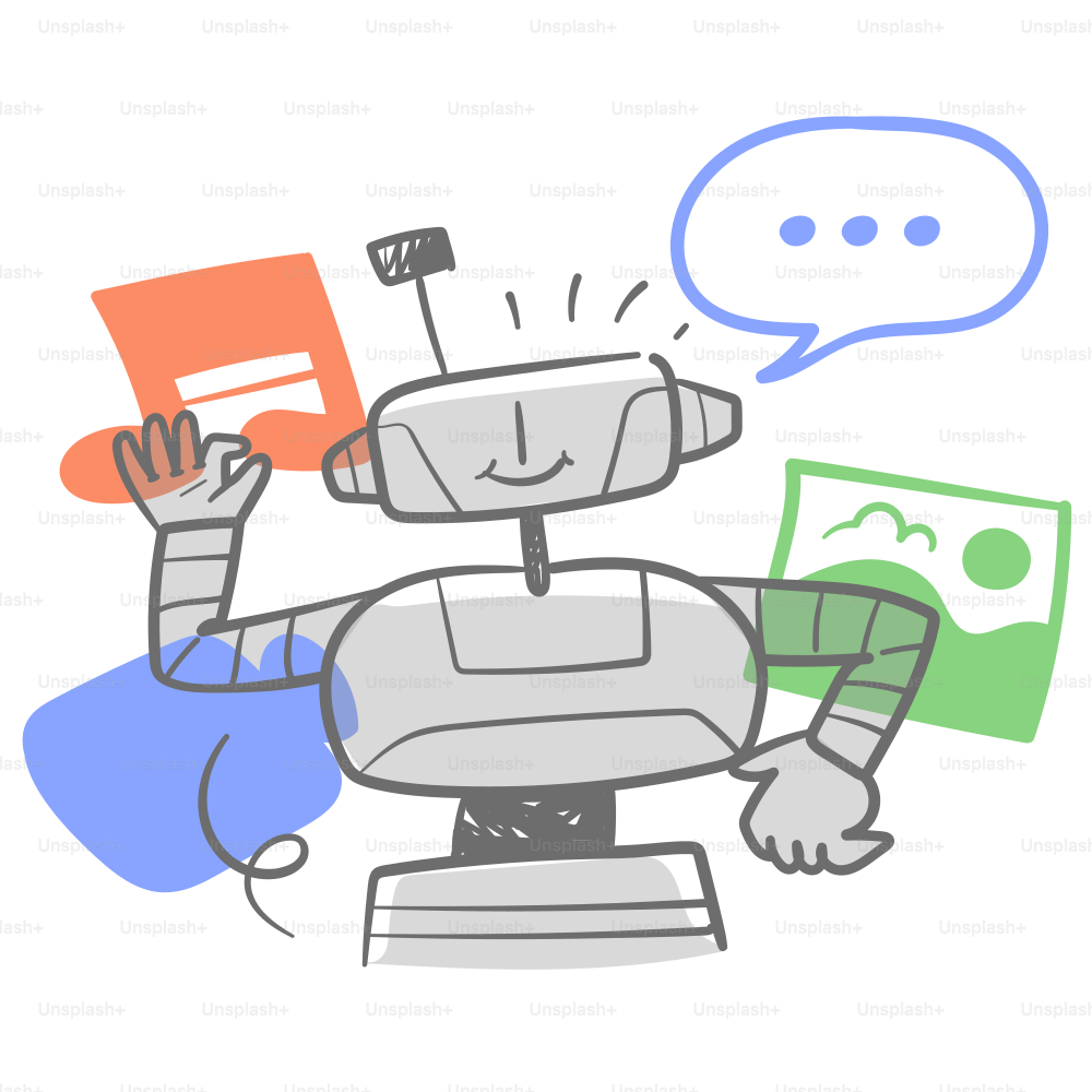 A drawing of a robot with a speech bubble above it