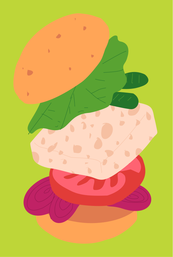 A stack of different types of food on a green background