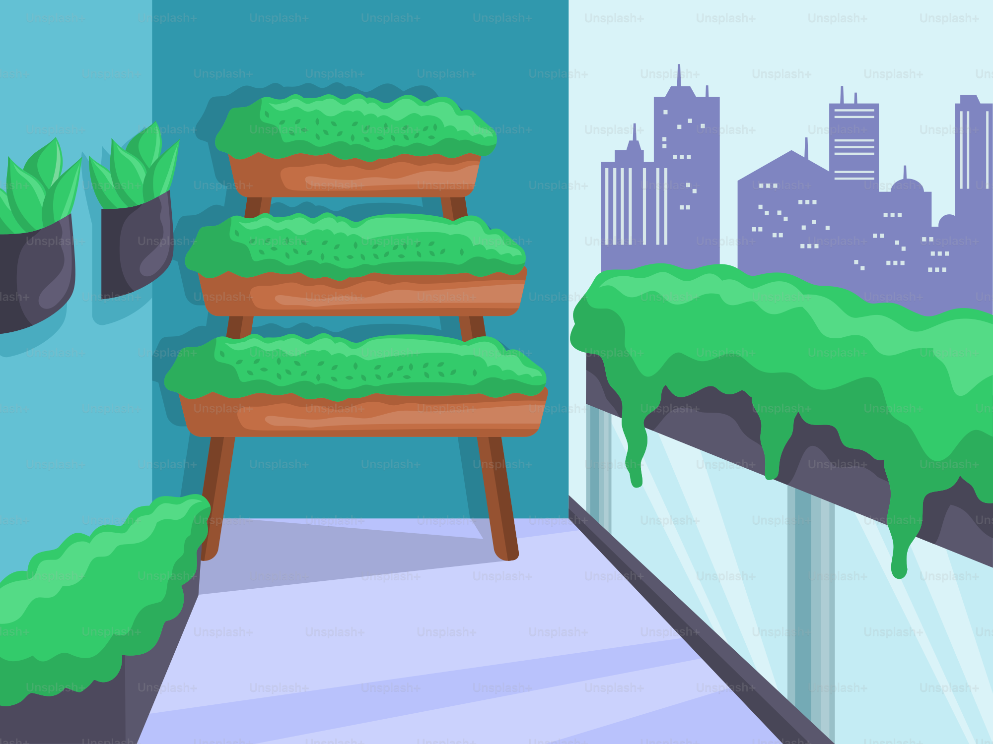 Une pièce avec des plantes et un banc
