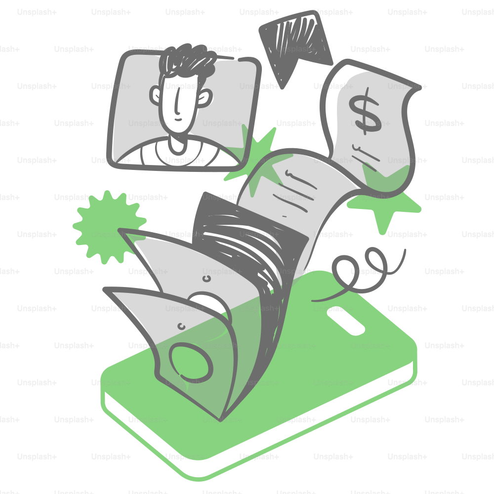 A man is sitting on a cell phone with money coming out of it