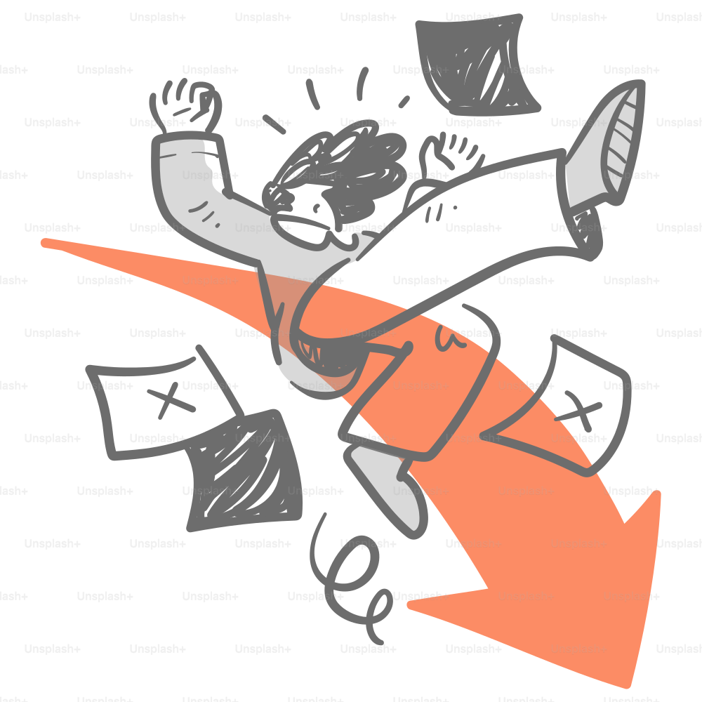 Un dibujo de un hombre cayendo de una flecha naranja