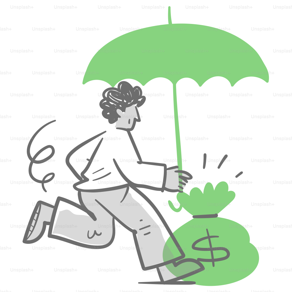 A drawing of a man running with an umbrella