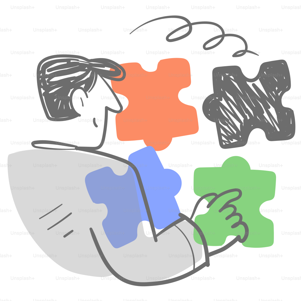 A drawing of a man holding a puzzle piece