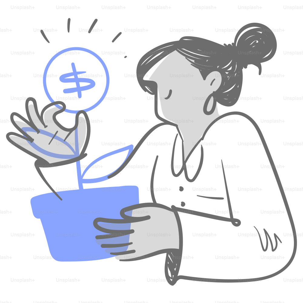 A drawing of a woman holding a pot with a dollar sign in it