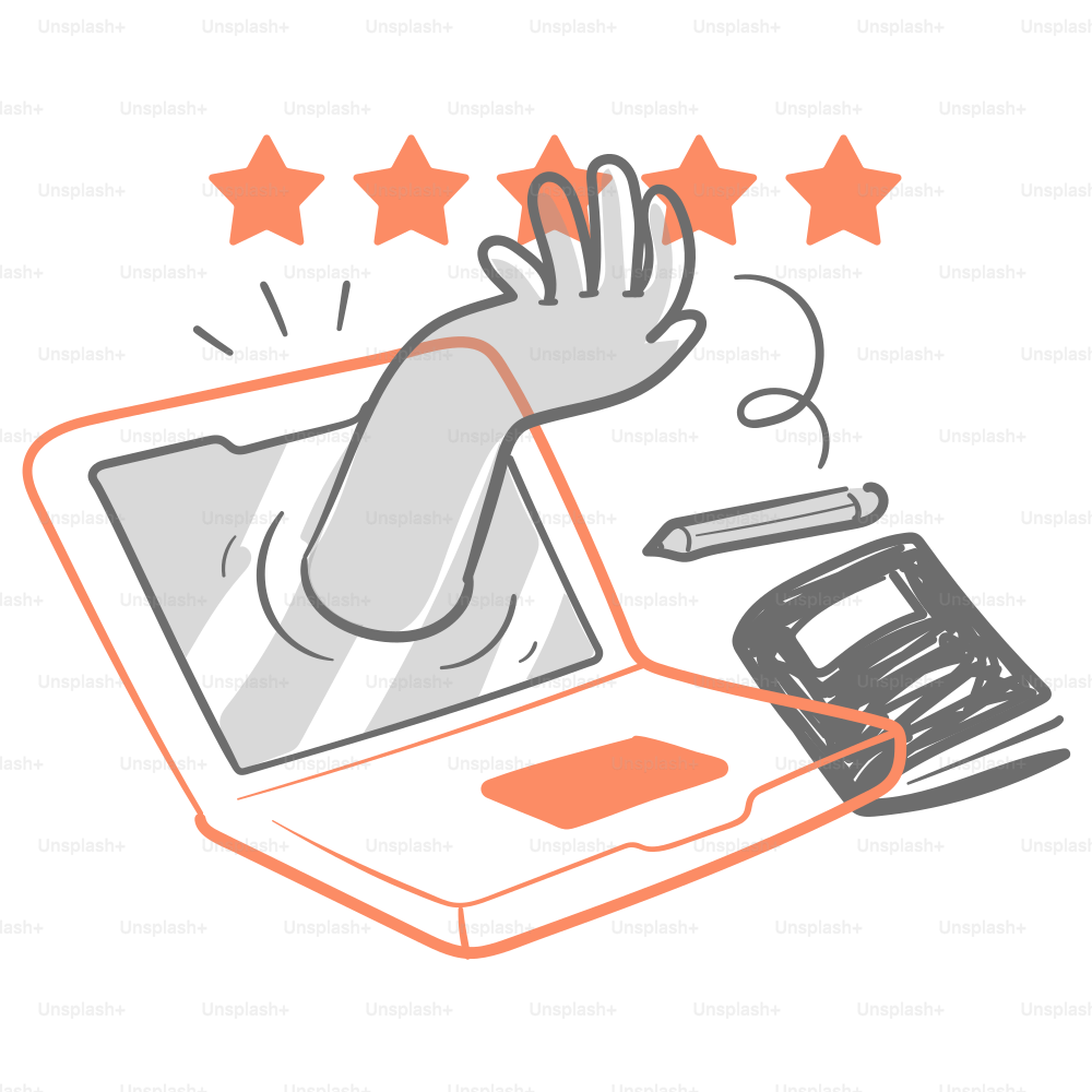 A drawing of a hand coming out of a laptop