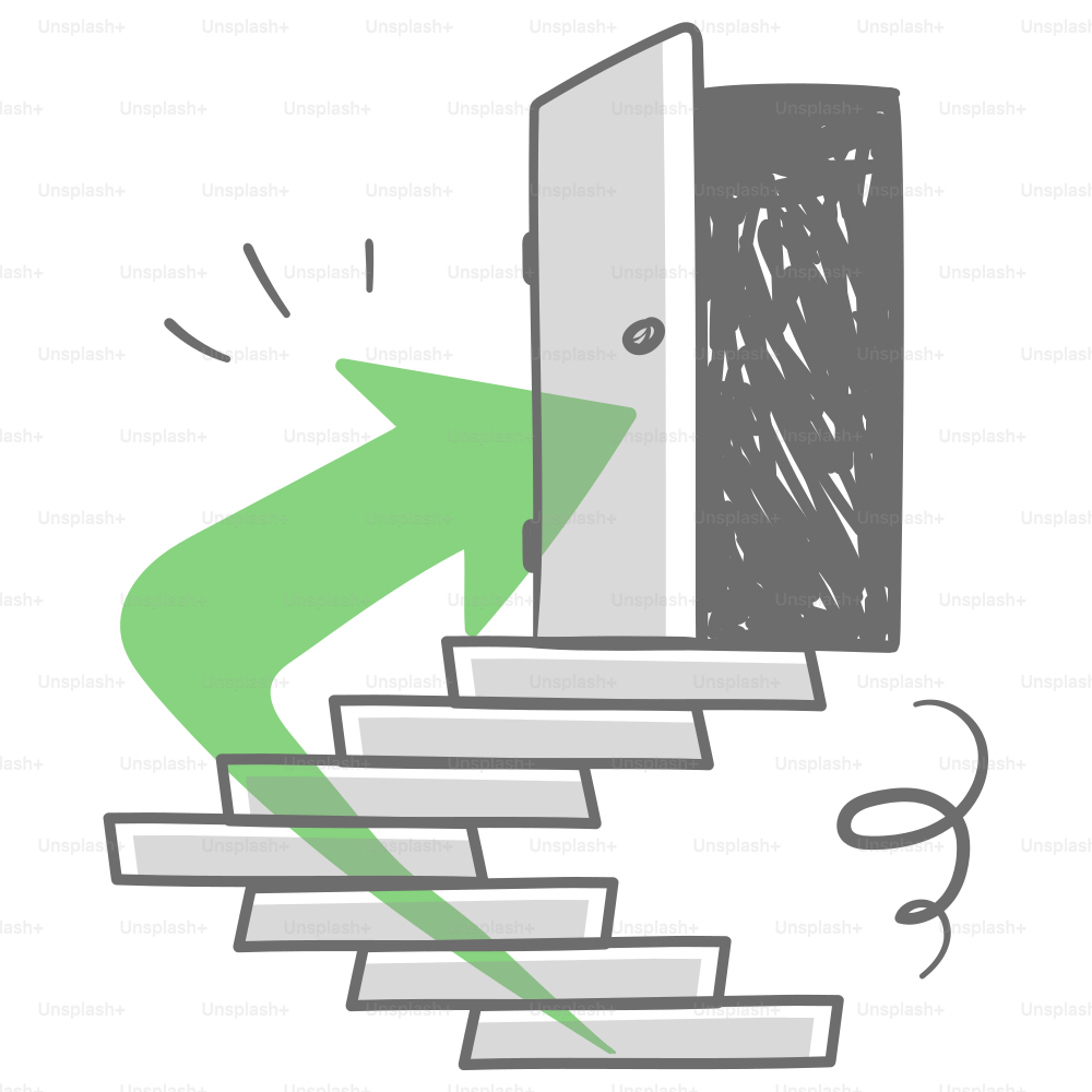 A drawing of a door with a green arrow coming out of it