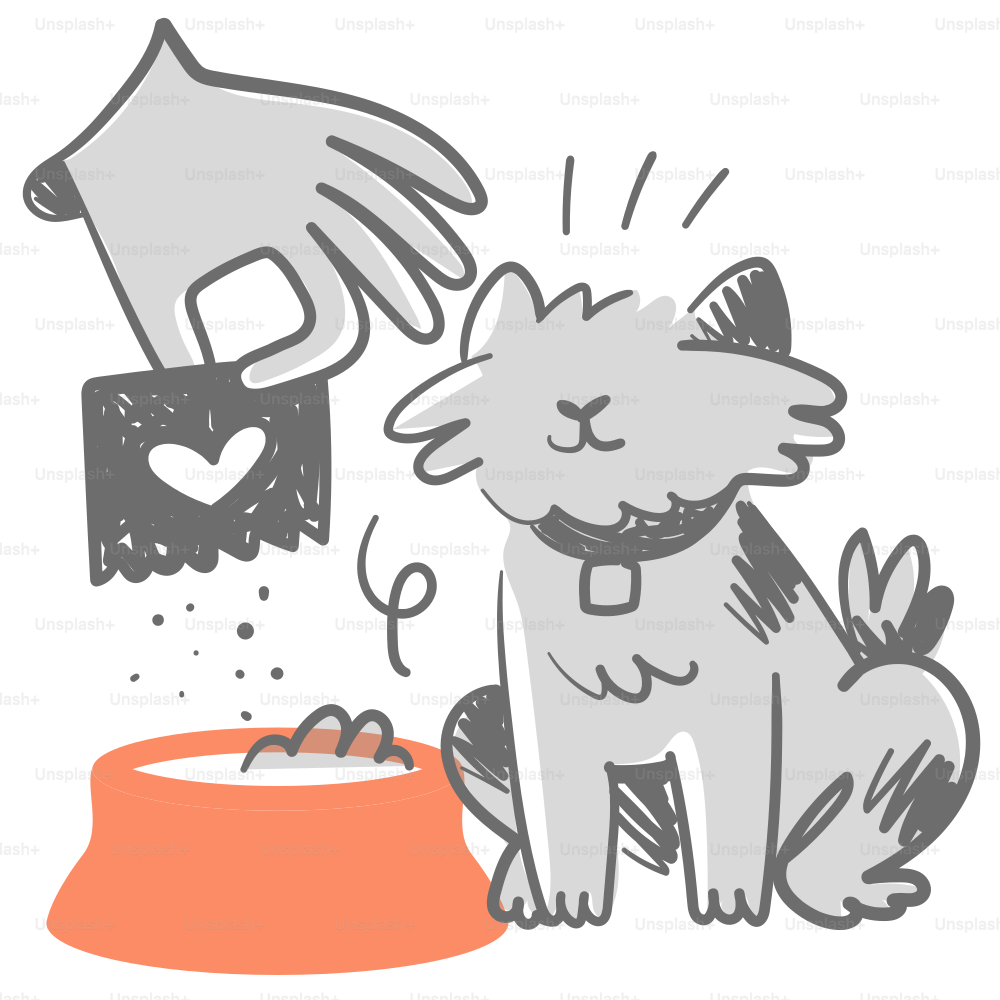 A drawing of a cat eating out of a bowl