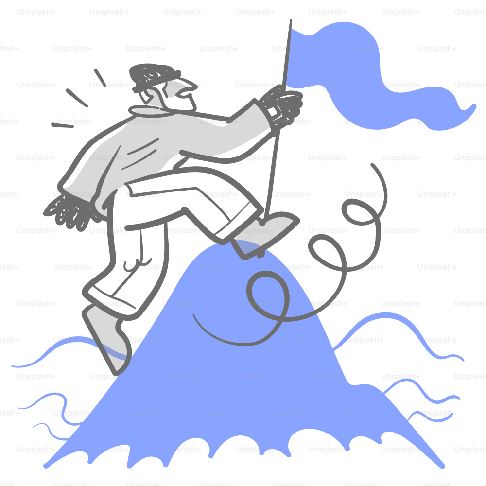 A drawing of a man climbing a mountain with a flag