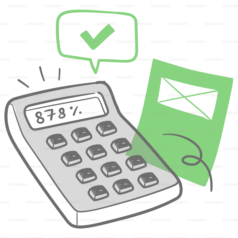 A calculator next to a green check mark