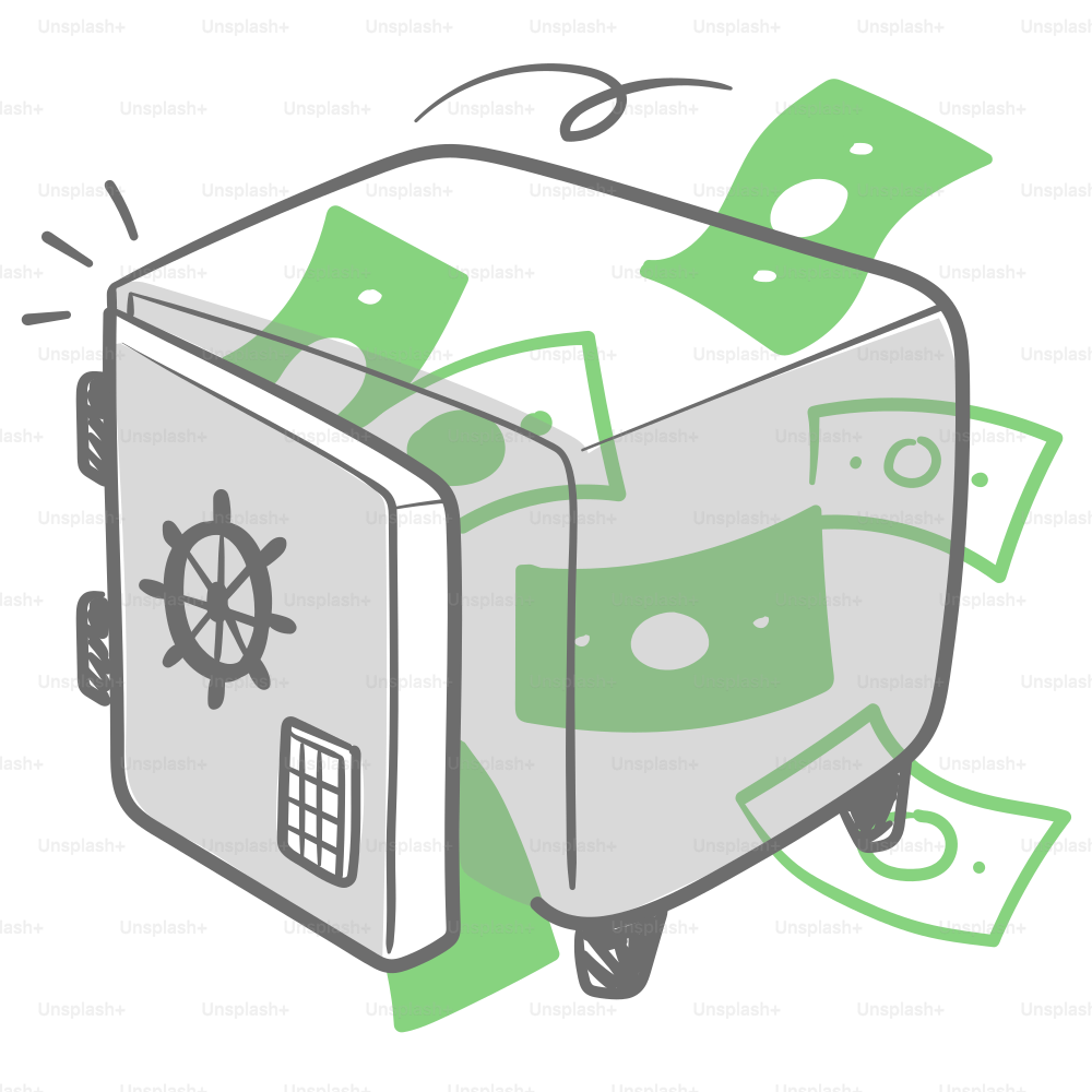 A drawing of a bank box with money coming out of it