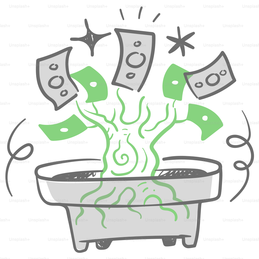 A potted plant with money coming out of it