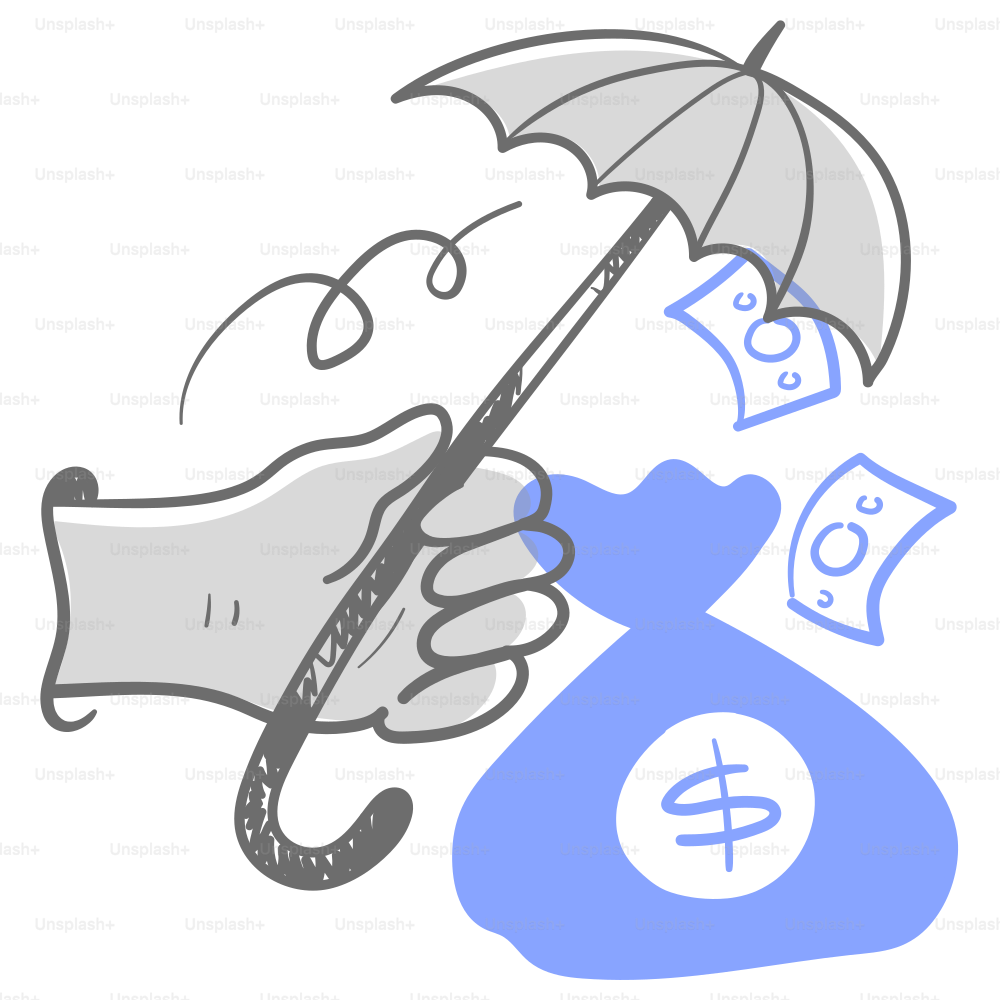 A hand holding an umbrella over a bag of money