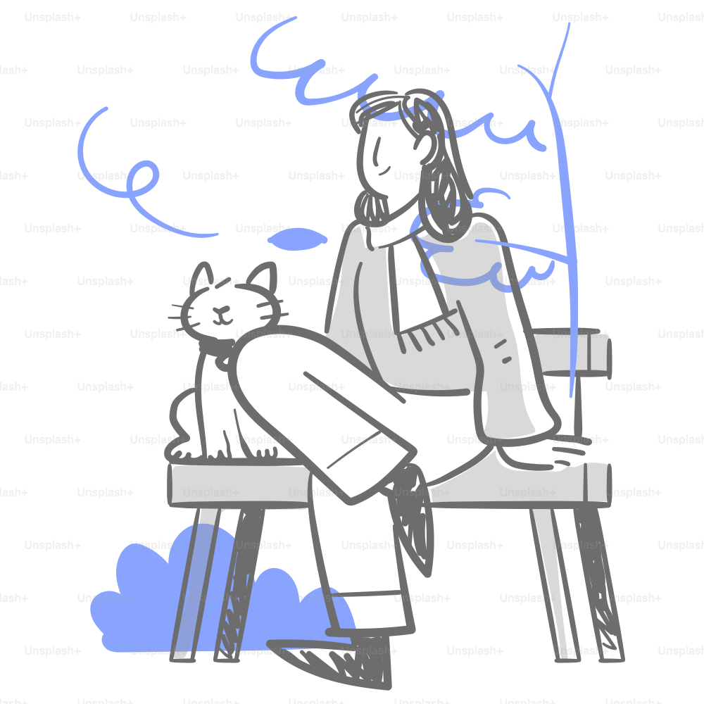 A drawing of a woman sitting on a bench with a cat