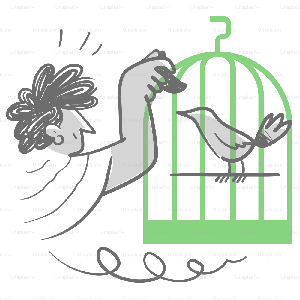 A drawing of a woman holding a bird in a cage