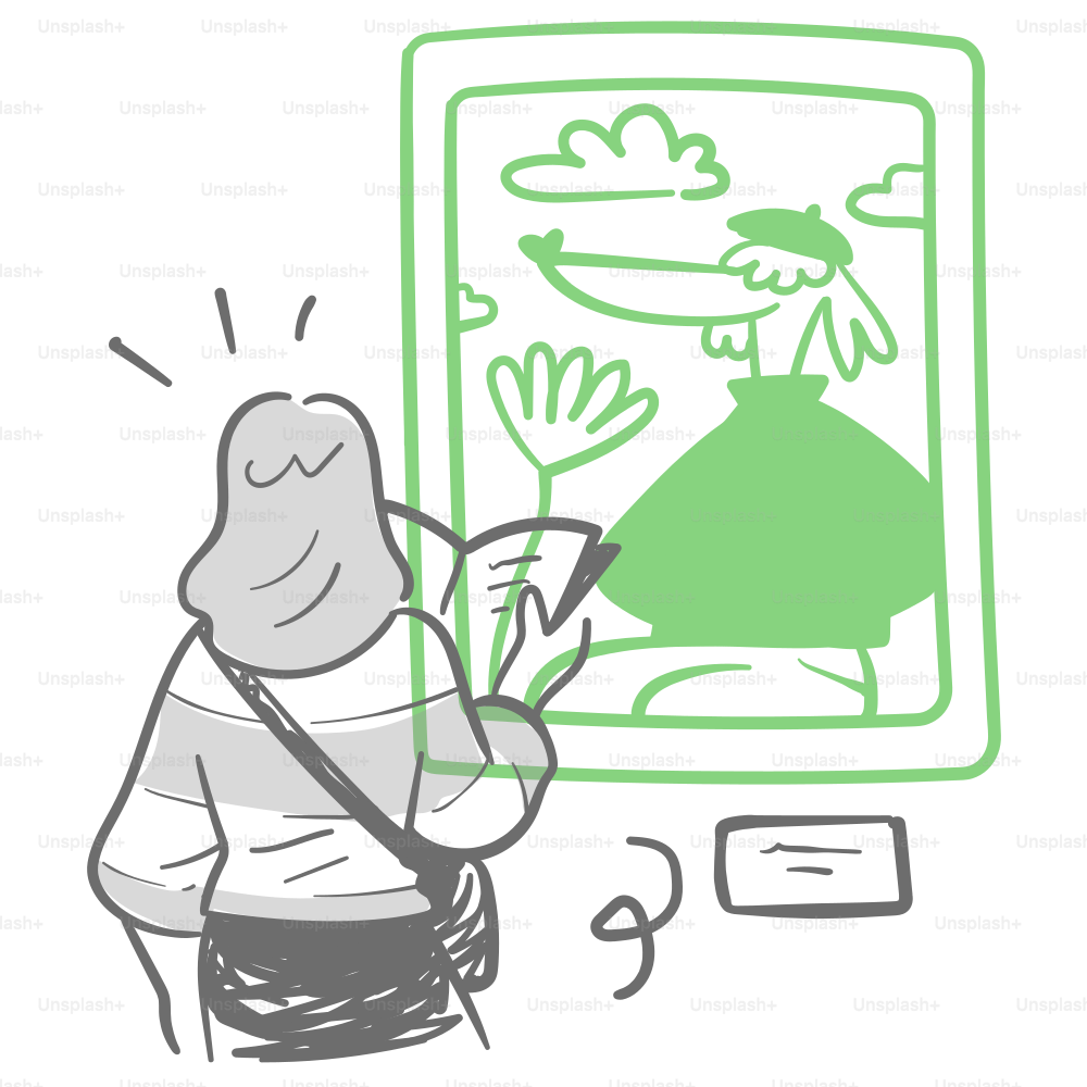 A drawing of a person standing in front of a TV